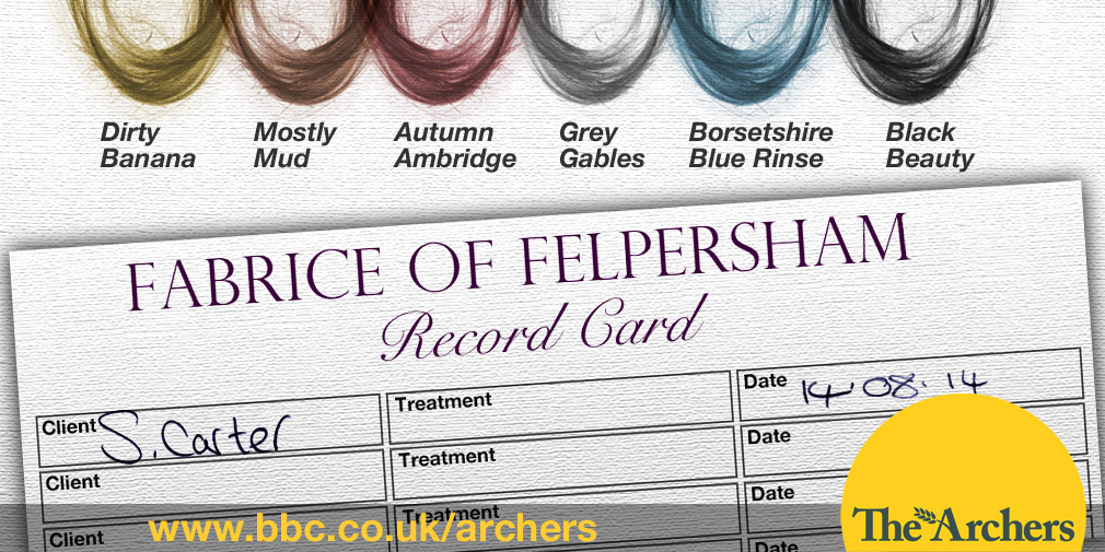 BBC The Archers social media graphic - Susan Carter's Fabrice of Felpersham booking